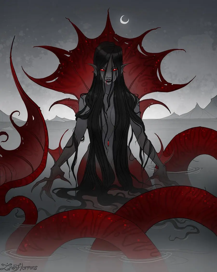A dark fantasy illustration shows a tall, pale figure with long black hair, red glowing eyes, and pointed ears, standing in…
