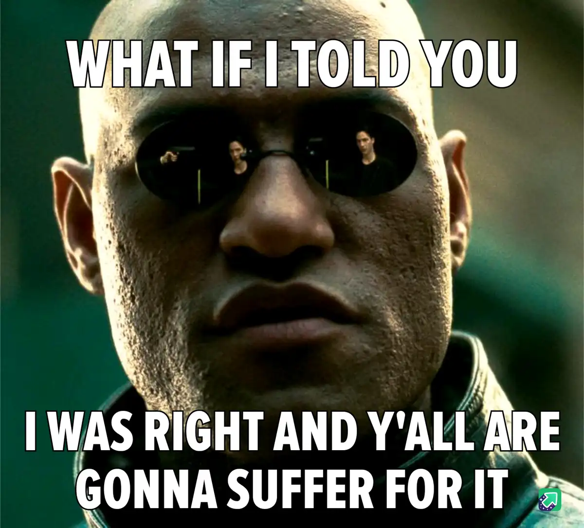 A close-up of the character Morpheus from The Matrix, wearing his signature dark sunglasses, with two figures visible in the…