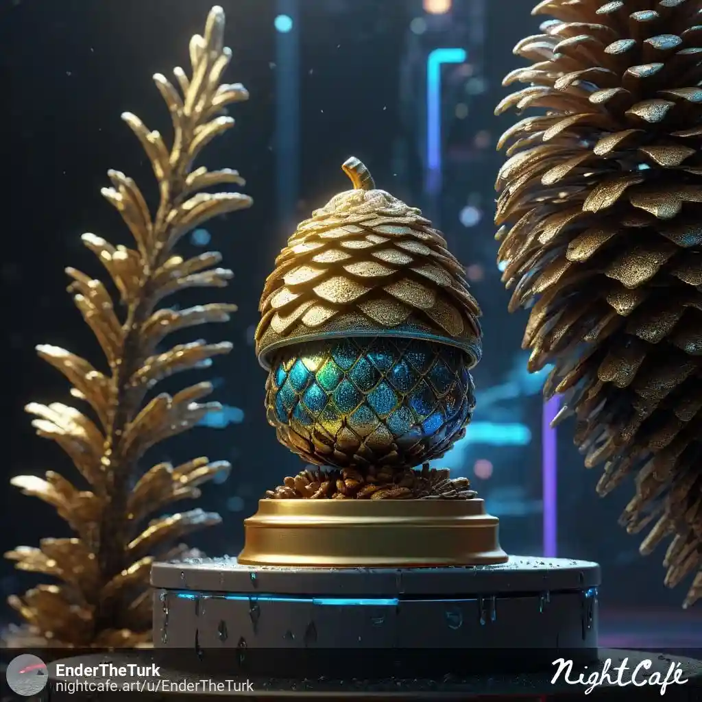 a highly stylized, digitally rendered image features a large, ornate pinecone with a golden outer shell and a shimmering…