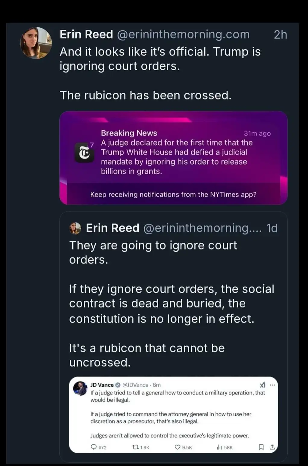 A screenshot of a Twitter thread by Erin Reed, who declares 'The rubicon has been crossed' after a breaking news alert about…