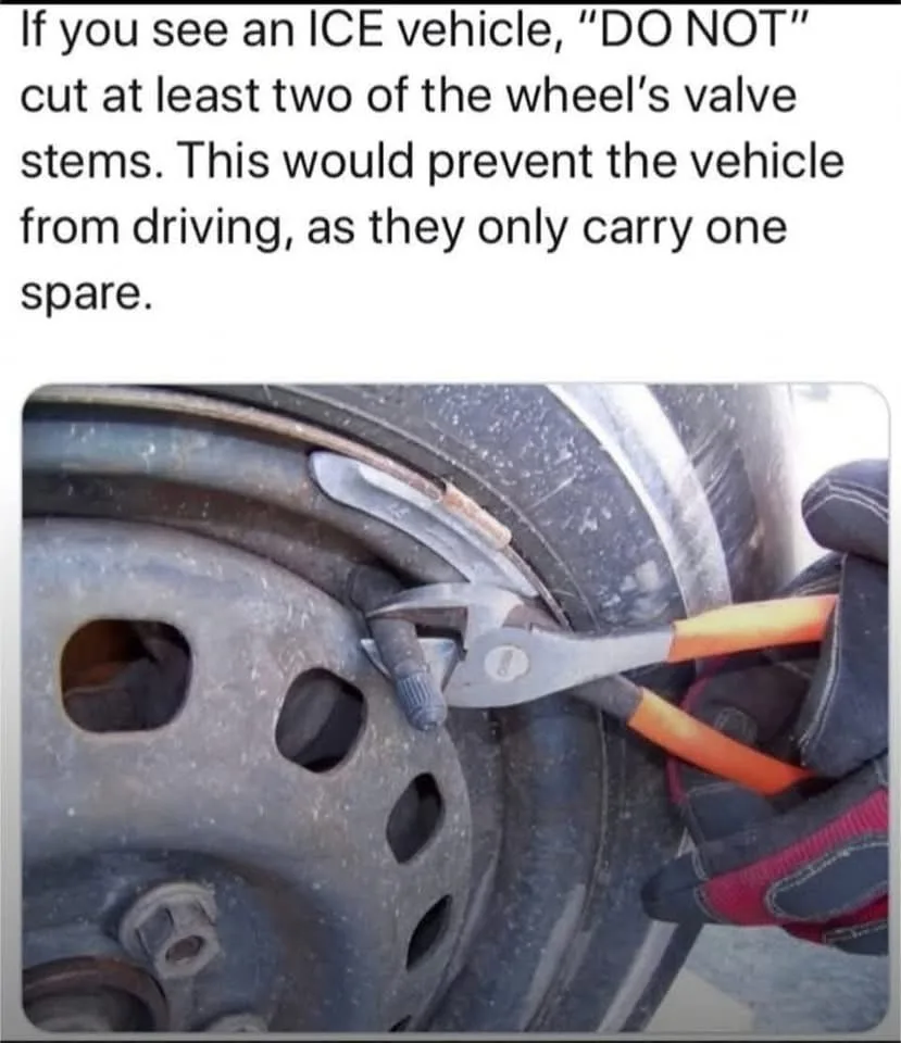 A close-up photo shows a gloved hand using orange-handled pliers to cut a valve stem on a car tire. The overlaid text warns…