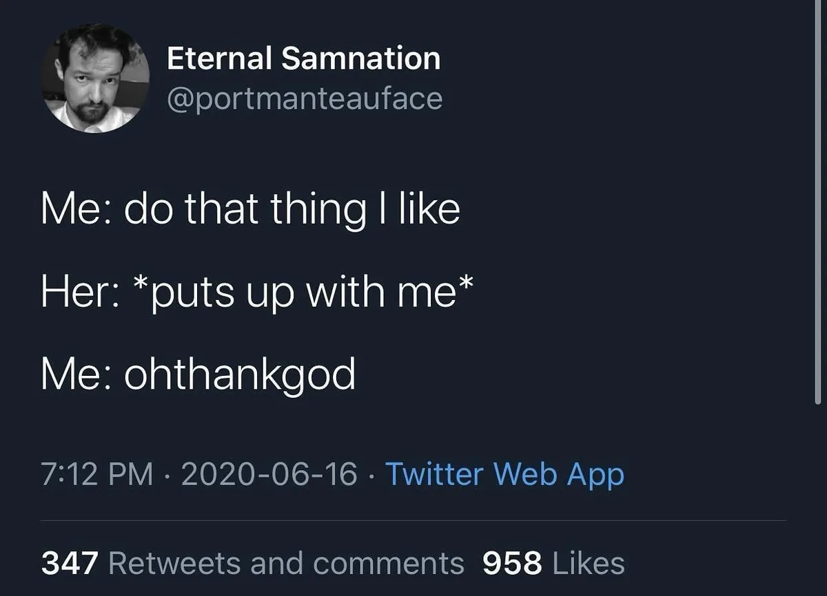 A screenshot of a Twitter post by user 'Eternal Samnation' showing a three-line text-based joke. The text reads: 'Me: do…