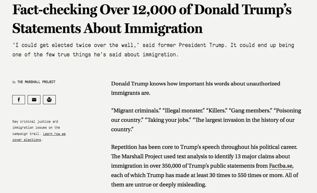 A screenshot of a Marshall Project article titled 'Fact-checking Over 12,000 of Donald Trump’s Statements About Immigration'…