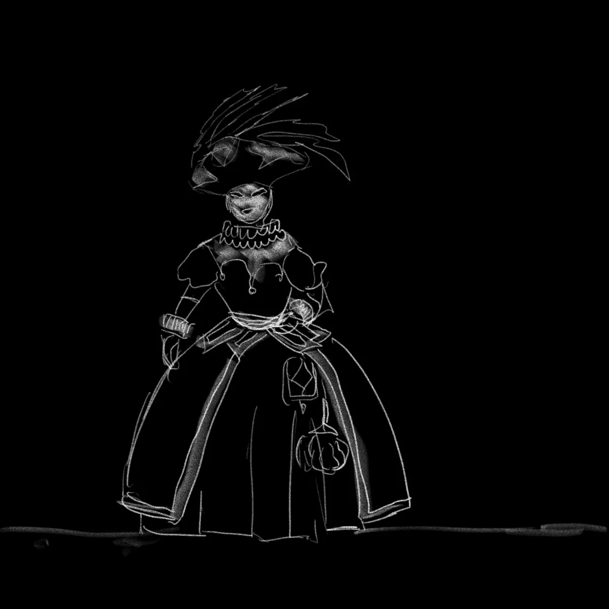 A chalk-style white line drawing on a black background depicts a stylized female figure in an elaborate, possibly historical…