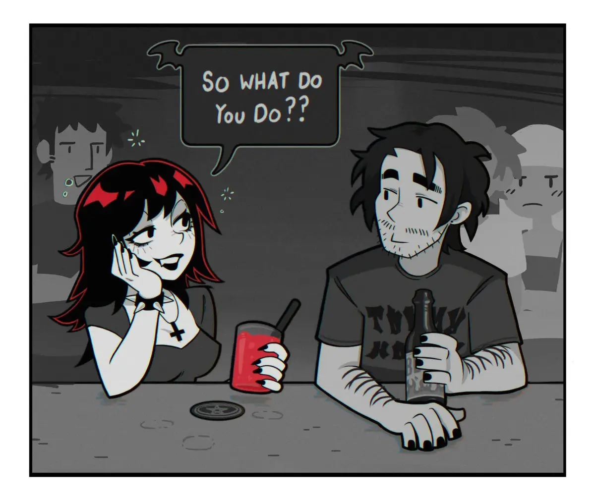 Two cartoon characters sit at a bar; a woman with red hair and black nails holds a red drink, while a man with tattoos and a…