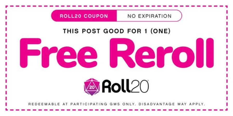 A pink and white coupon-style graphic mimicking a discount offer from Roll20, a virtual tabletop gaming platform. The text…