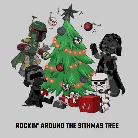 A cartoon illustration shows Star Wars characters like Boba Fett, Darth Vader, and Stormtroopers gathered around a decorated…