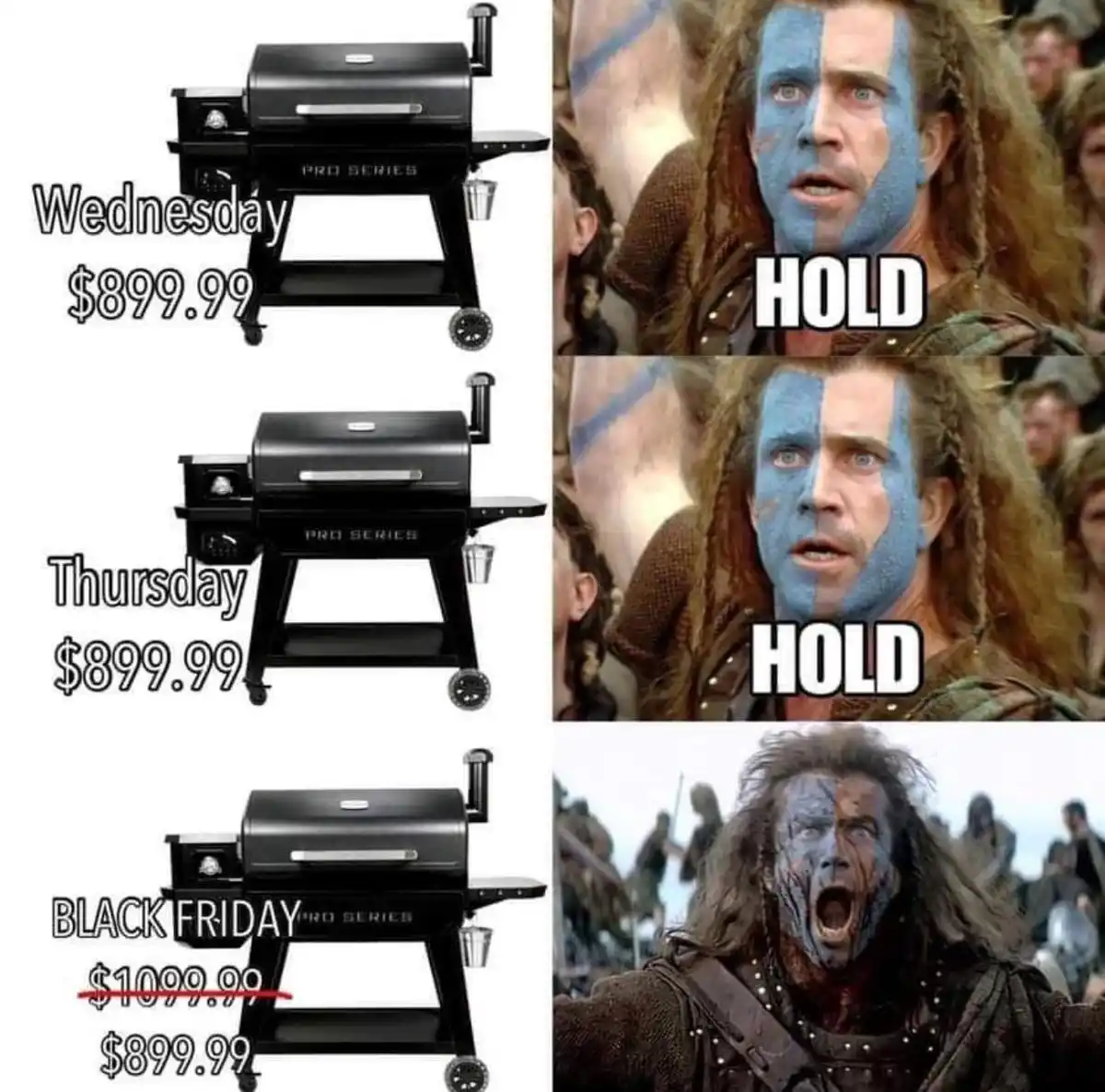 The image displays a black 'PRO SERIES' grill with prices listed for Wednesday, Thursday, and Black Friday. Wednesday and…