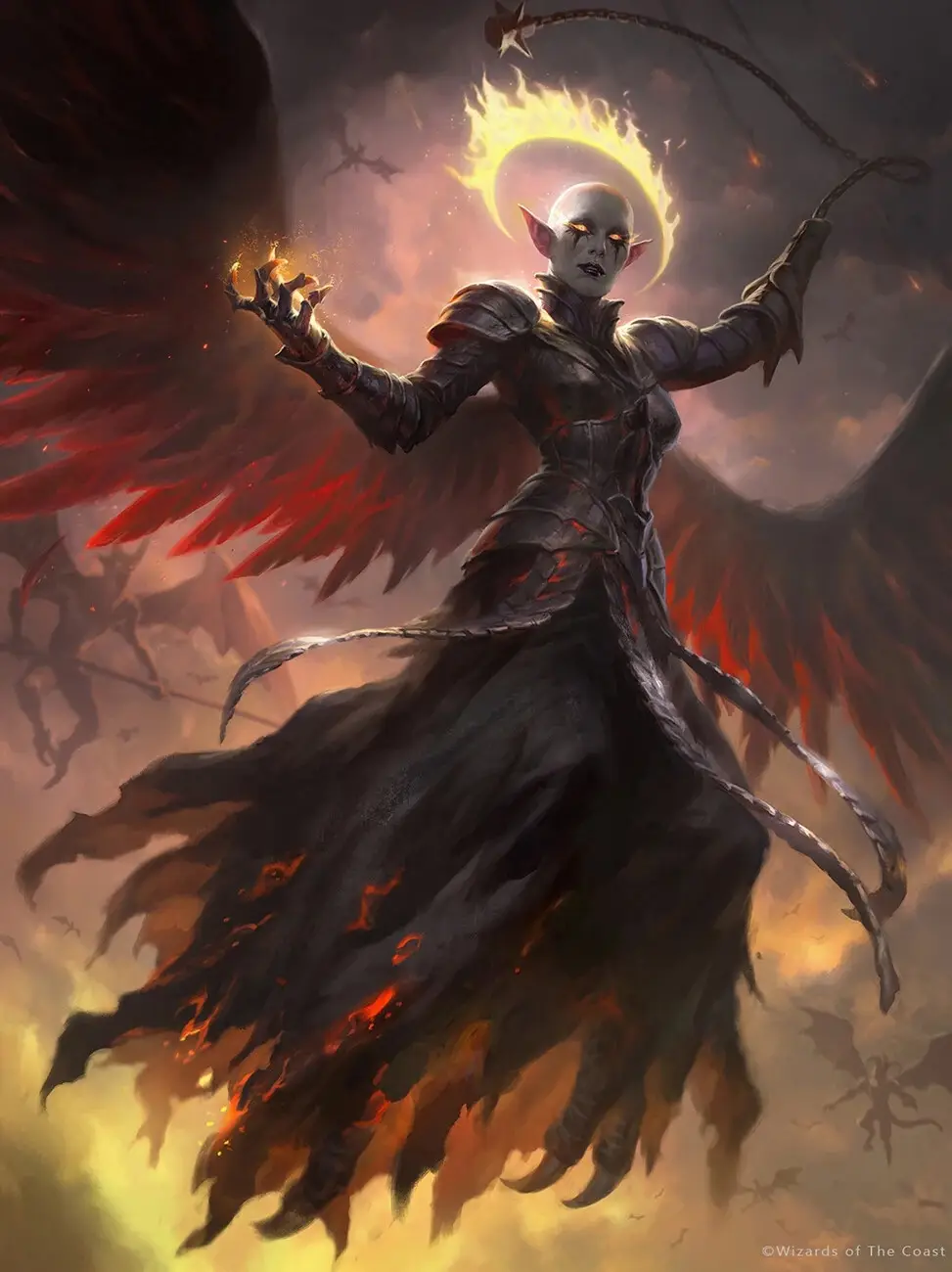A dark, winged angelic figure with glowing orange eyes and a flaming halo, clad in black armor and a flowing robe, holds a…