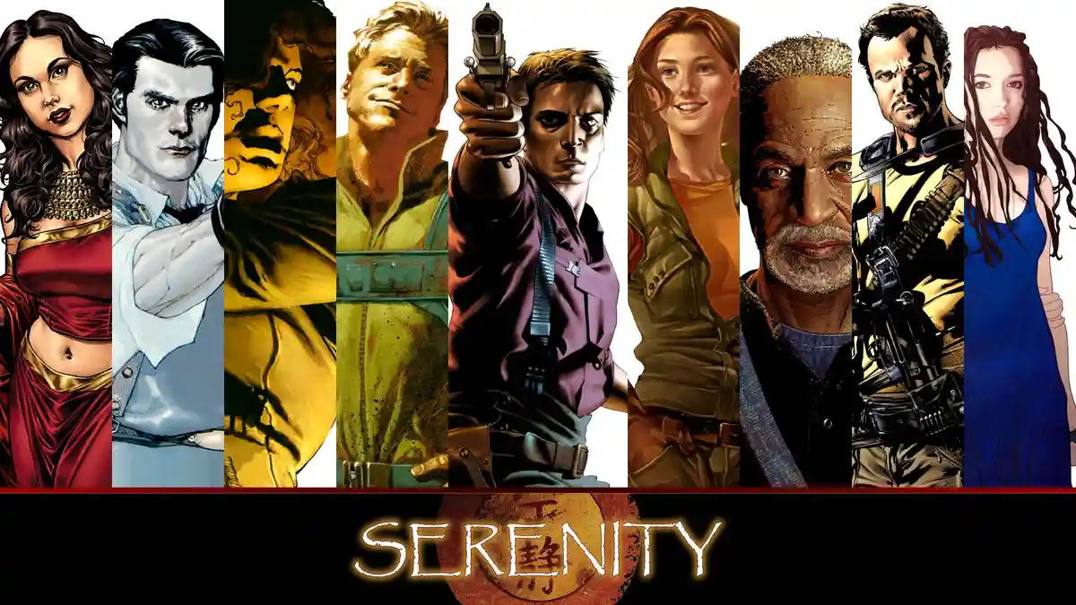 A promotional collage of eight characters from the TV show 'Serenity', each in their own vertical panel, with the title…