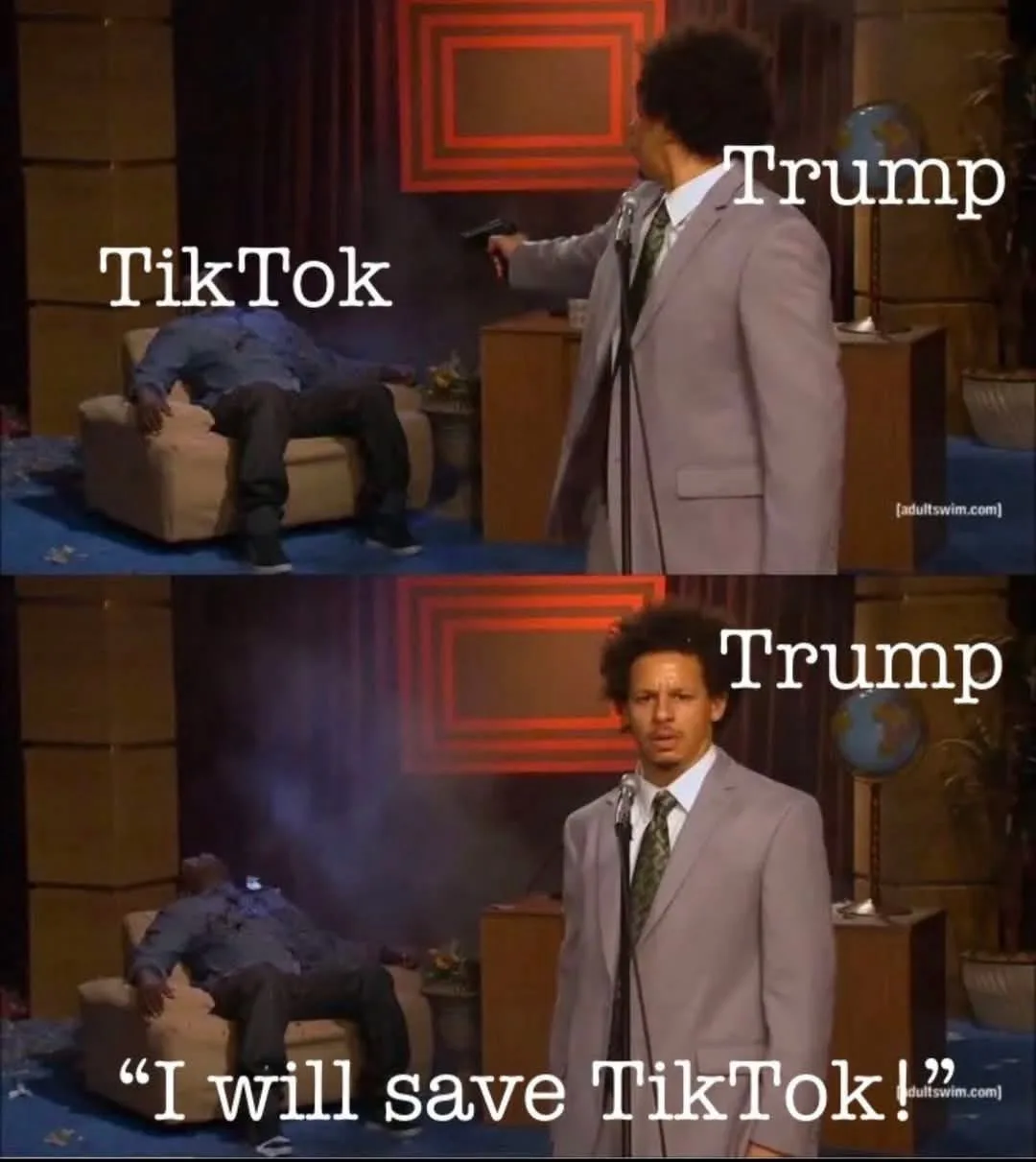 Two-panel image from the Adult Swim show 'Tom Goes to the Mayor' featuring a man labeled 'Trump' holding a gun to another…