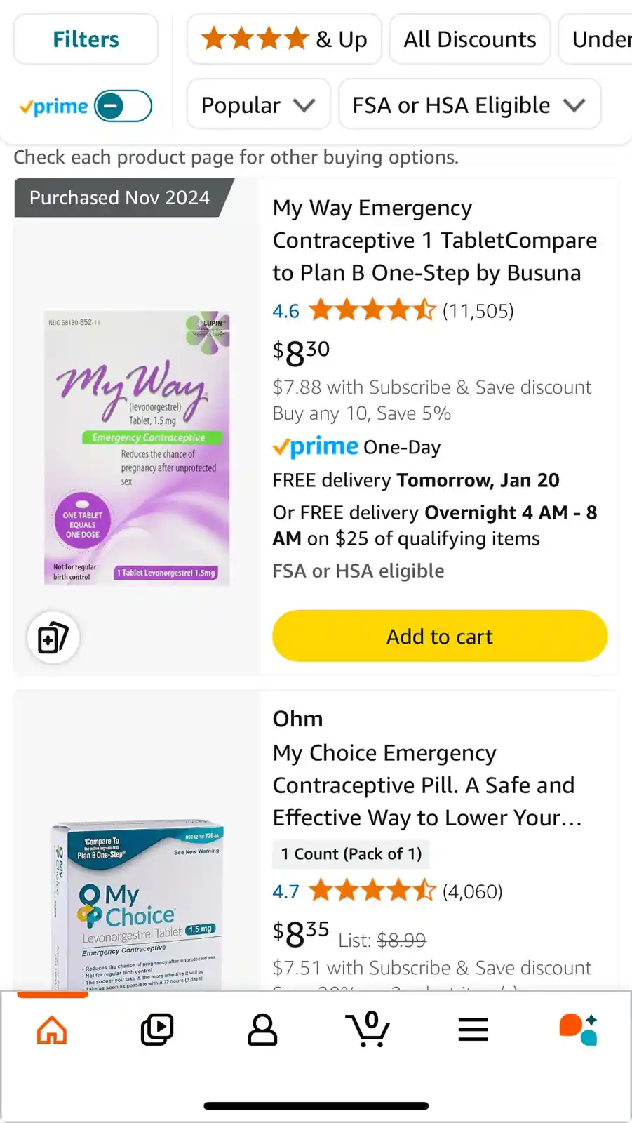 An Amazon product listing screenshot showing two emergency contraceptive pills: 'My Way' priced at $8.30 and 'Ohm My Choice'…