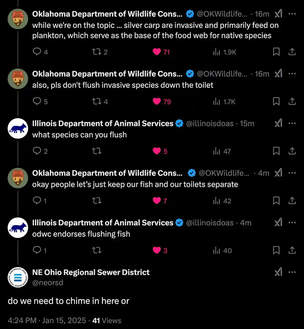 A screenshot of a Twitter thread shows the Oklahoma Department of Wildlife Conservation warning against flushing invasive…