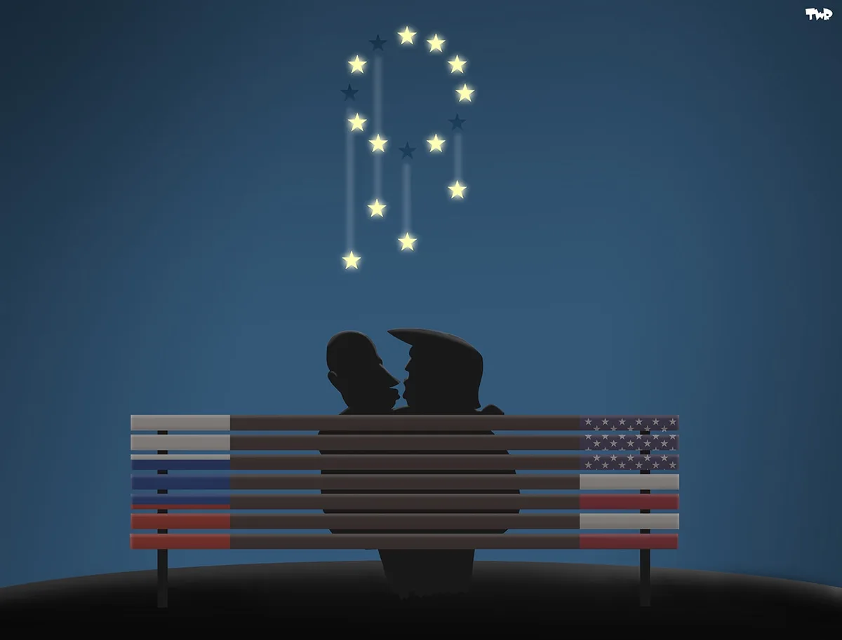 Two silhouetted figures sit on a bench painted with the flags of Russia and the United States, facing each other intimately…