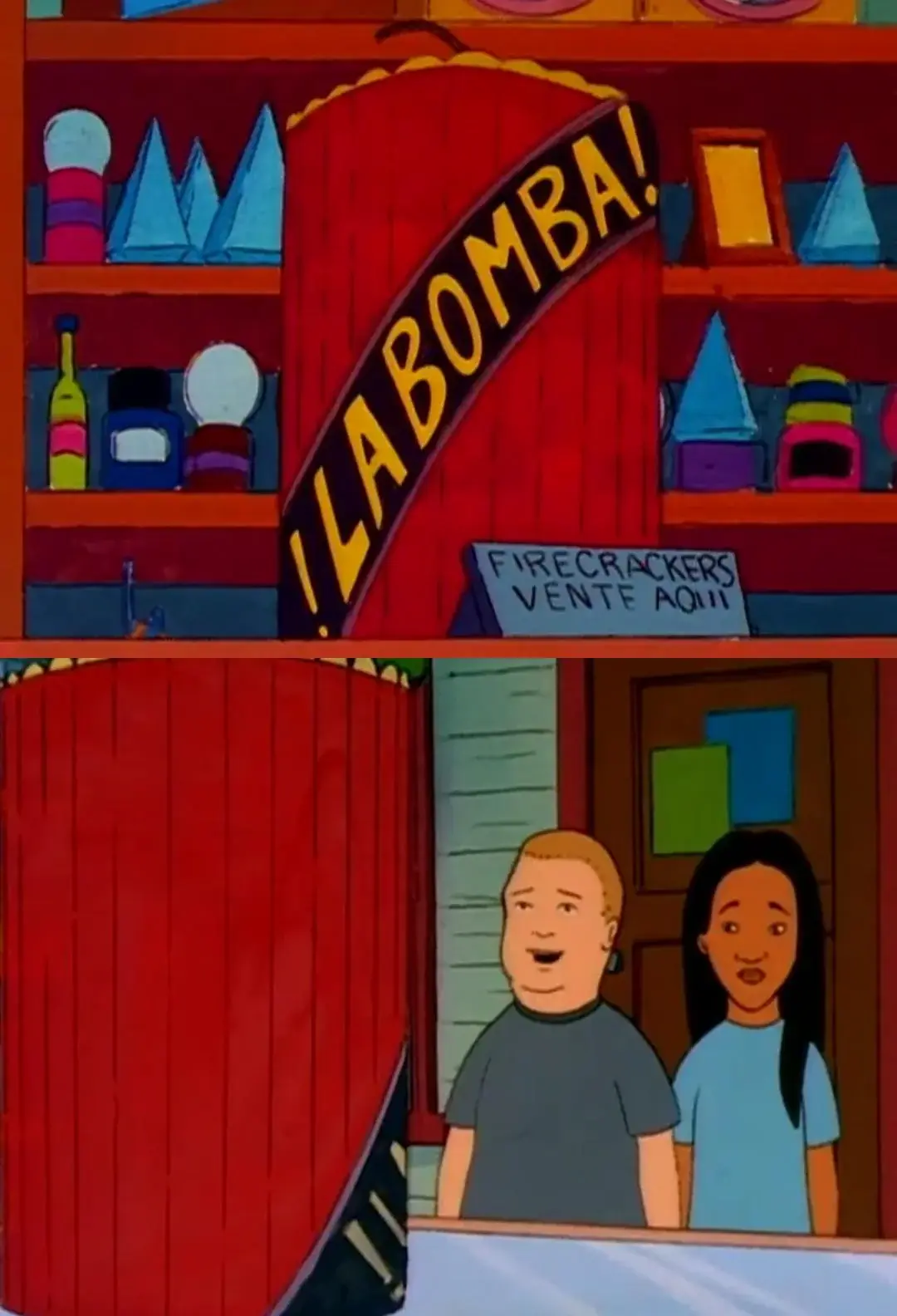 A two-panel cartoon image from 'King of the Hill' shows a red firecracker stand with a large sign reading '¡LA BOMBA!' and a…