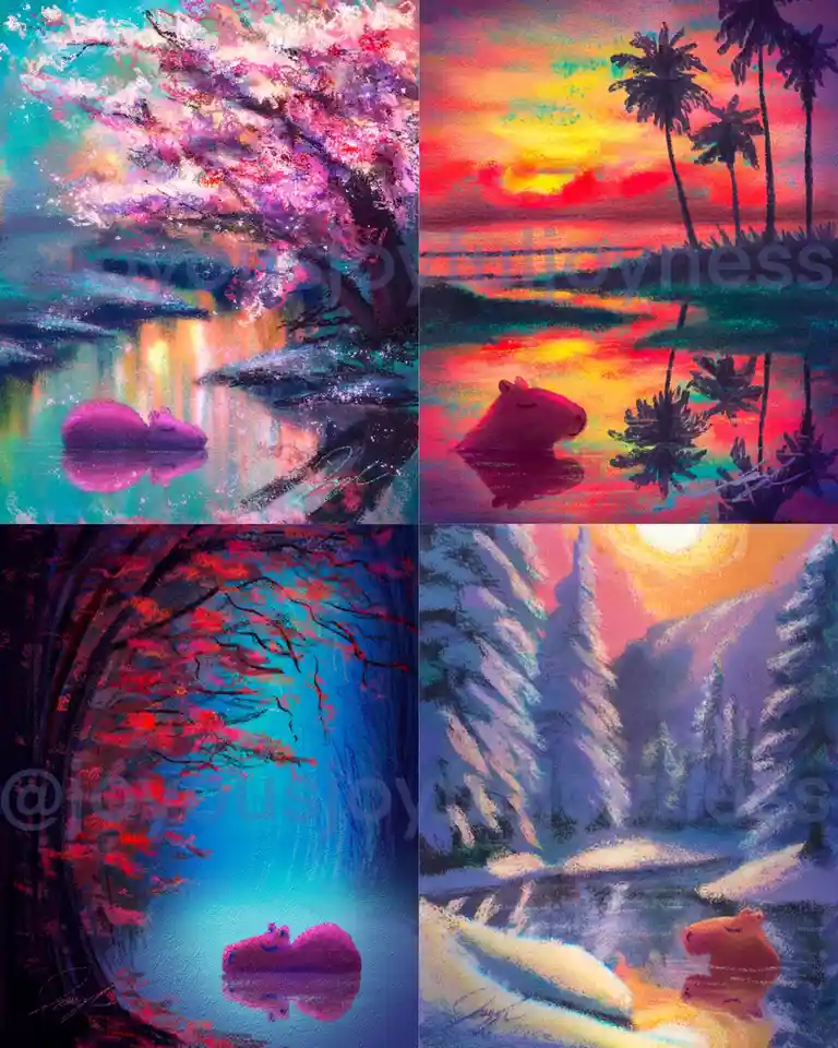 A four-panel digital artwork collage shows a capybara floating peacefully in water across four distinct, highly stylized…