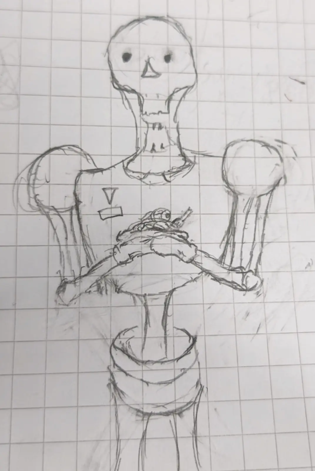 A rough pencil sketch on graph paper depicts a humanoid figure with a skull-like head, large round eyes, and a triangular…