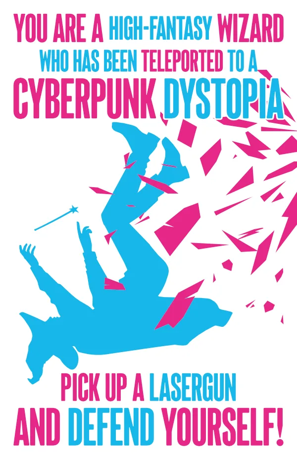 A stylized blue silhouette of a wizard in mid-air, seemingly breaking apart into pink shards, with a small star-tipped wand…