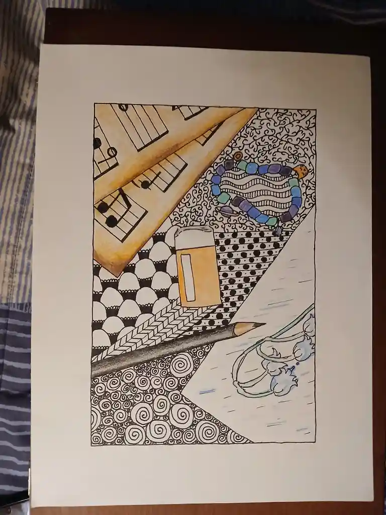 A hand-drawn, colored-in artwork divided into four sections, each with a different intricate pattern: musical notes, a…