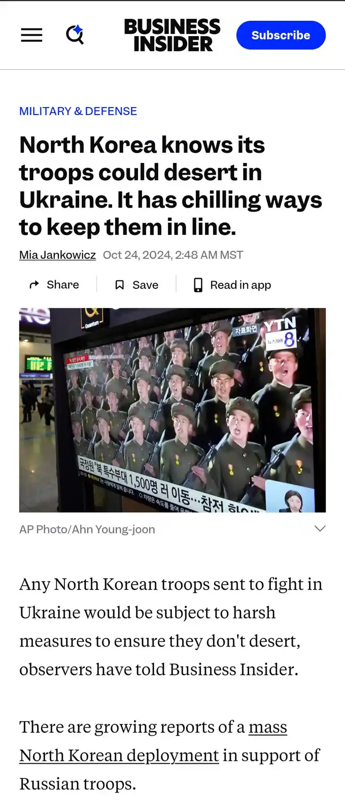A screenshot of a Business Insider article about North Korean troops potentially being deployed to Ukraine, featuring a…