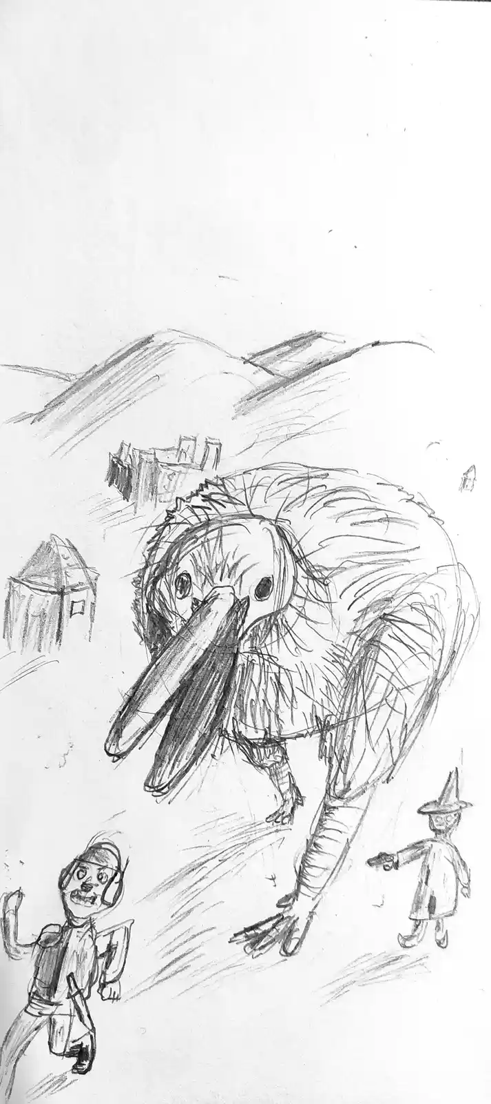 A hand-drawn black-and-white sketch shows a giant, menacing bird-like creature looming over two small human figures. One…