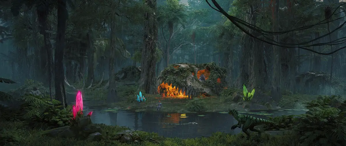 A dark, rainy jungle scene features a large dinosaur skull repurposed as a cozy, lit-up dwelling with people inside. A small…