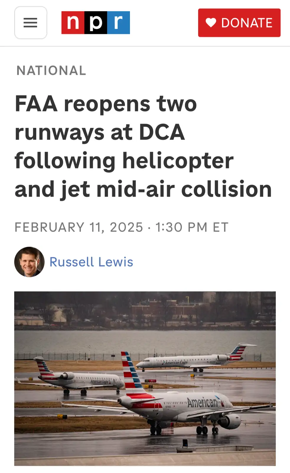 An NPR news article screenshot shows a headline about the FAA reopening runways after a mid-air collision. The image below…