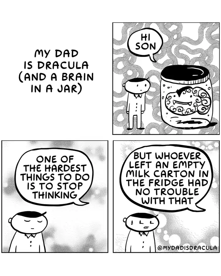 A four-panel comic strip titled 'MY DAD IS DRACULA (AND A BRAIN IN A JAR)' shows a son interacting with his father, who is…