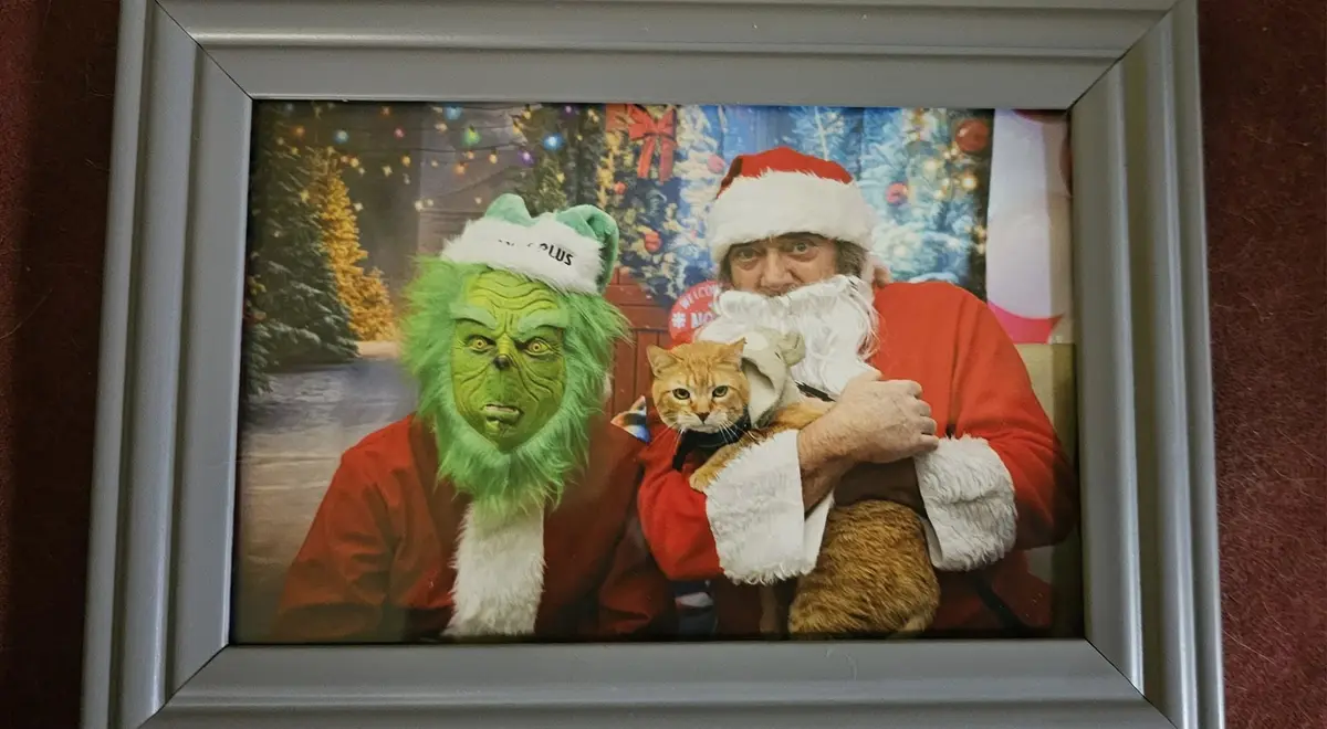 A framed photo shows a person in a Grinch costume wearing a Santa hat with 'PLUS' written on it, sitting beside a man…