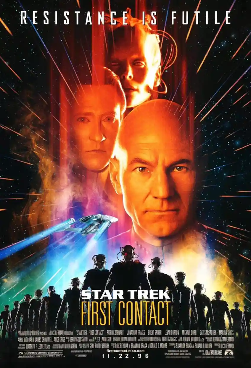 The image is a movie poster for 'Star Trek: First Contact' featuring prominent characters like Captain Picard and the Borg…