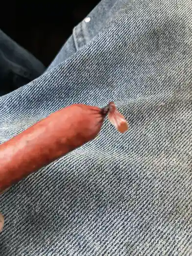 A close-up photo shows a reddish-brown sausage held against blue denim jeans, with its end visibly split open and slightly…