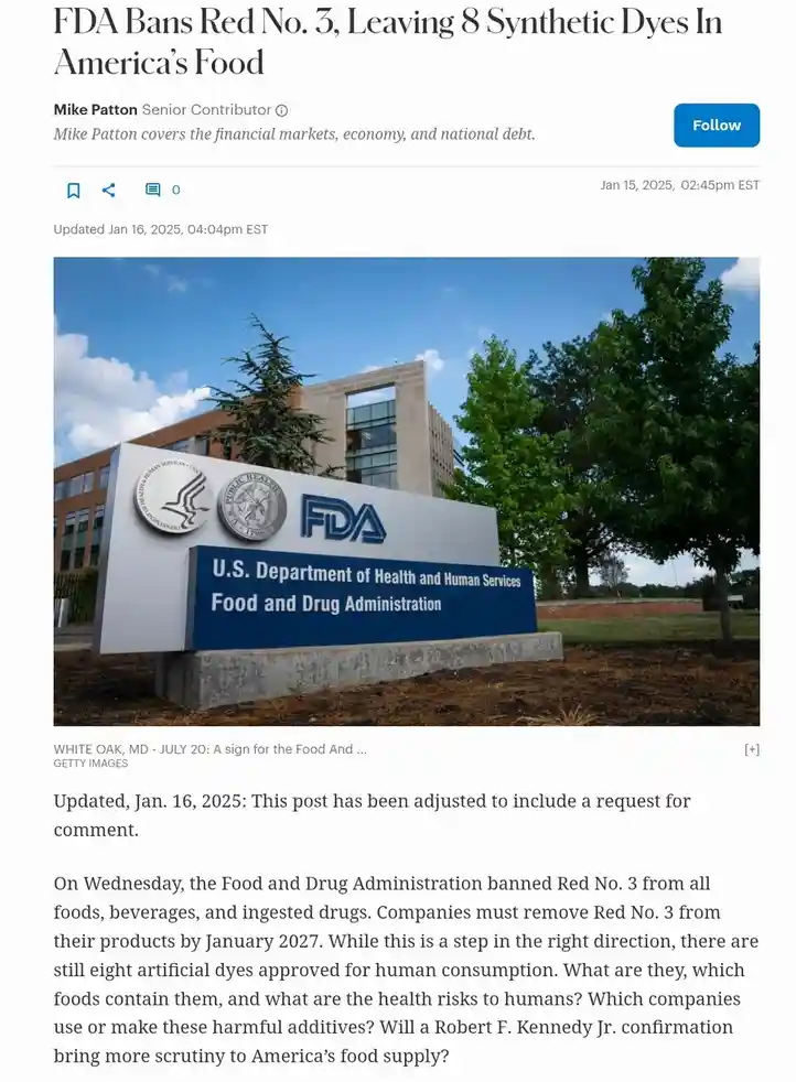An image of the FDA sign outside a government building, overlaid with the headline 'FDA Bans Red No. 3, Leaving 8 Synthetic…