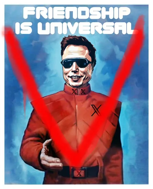 A digitally altered image shows a caricature of Elon Musk wearing dark sunglasses and a red uniform with black 'X' insignias…