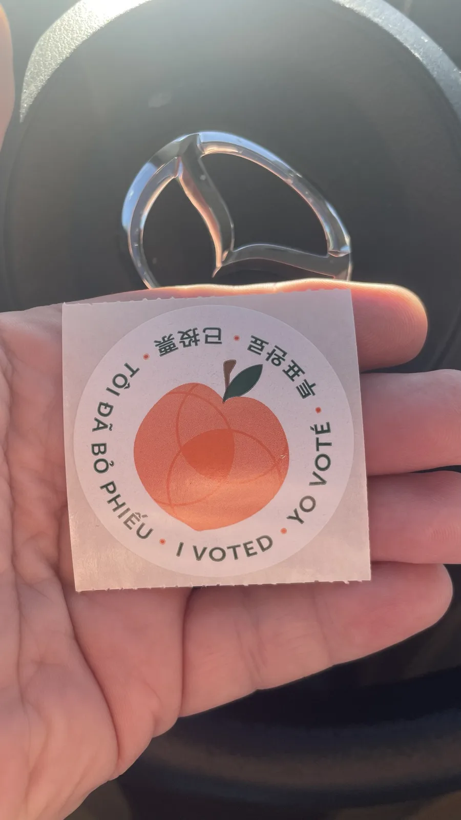 A hand holds a circular 'I Voted' sticker featuring an orange peach illustration, with the phrase 'I VOTED' and its…
