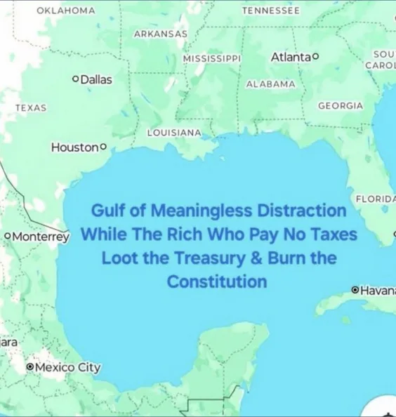 A map of the Gulf of Mexico and surrounding U.S. states is overlaid with blue text that reads 'Gulf of Meaningless…