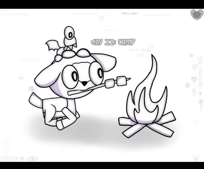 A cartoon dog with a bat-like creature on its head roasts marshmallows over a campfire, with text above reading 'DAY 22…