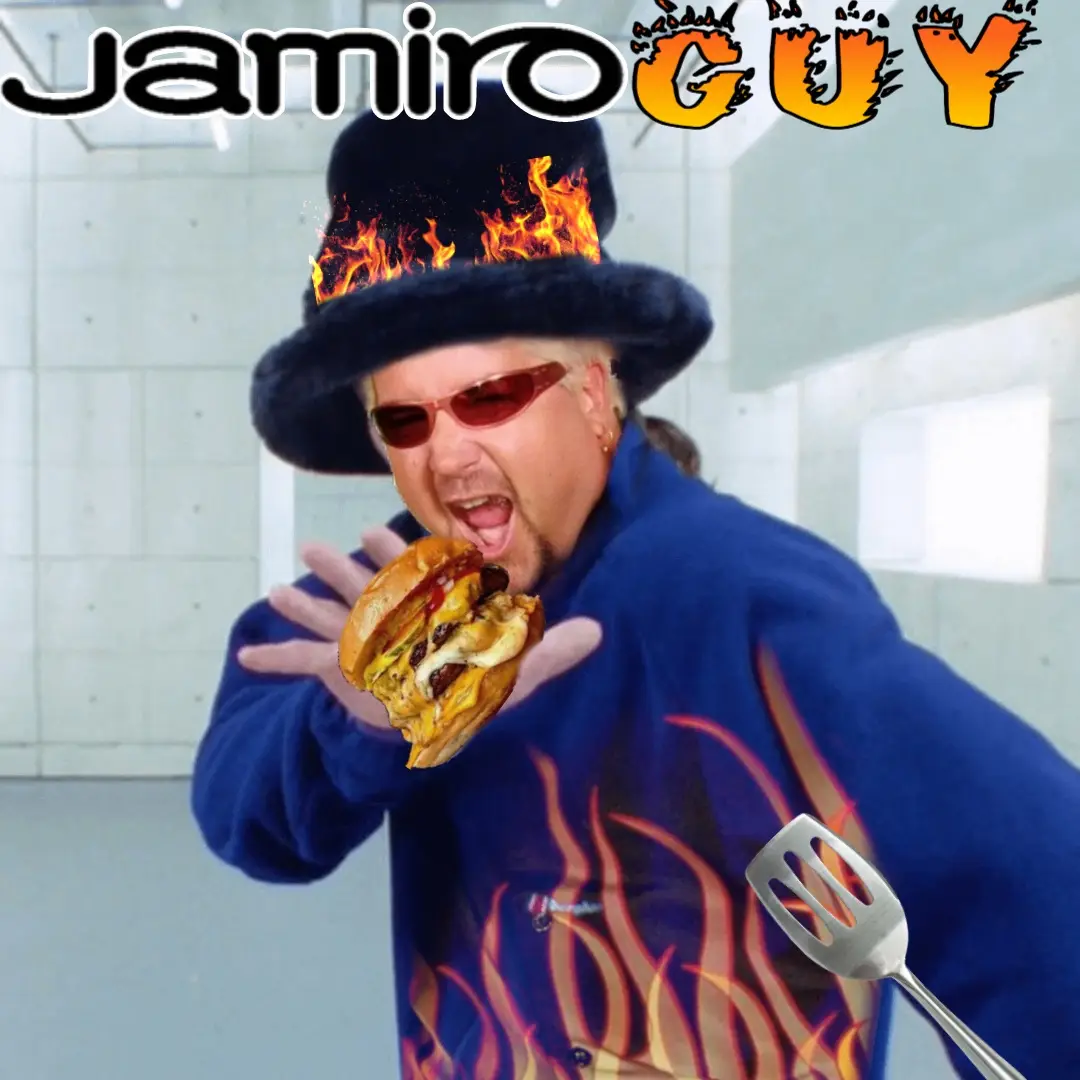 A man with white hair, wearing a blue jacket with flame graphics, a black top hat on fire, and red sunglasses, is yelling…