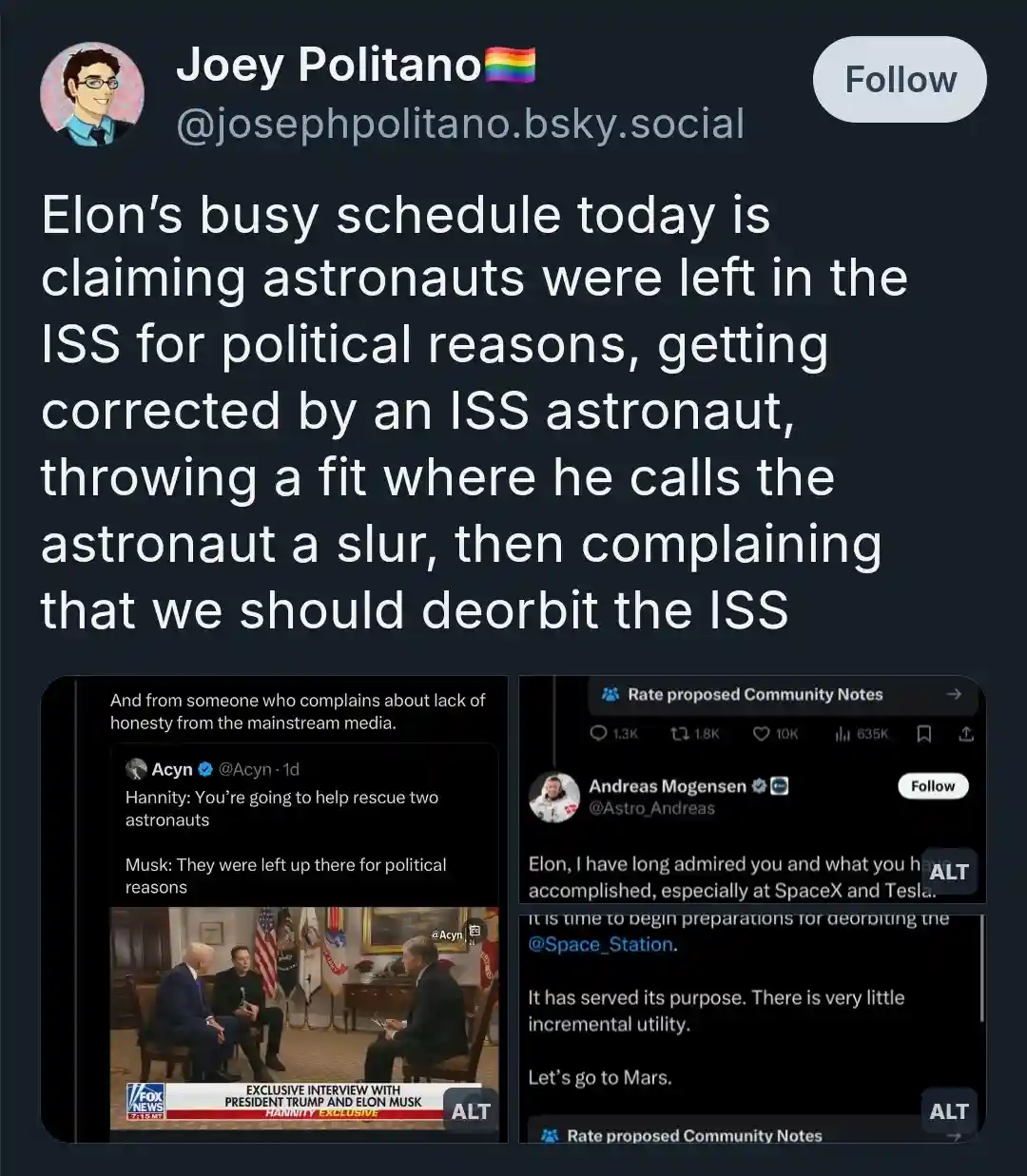 A screenshot of a social media post by Joey Politano summarizing a sequence of events involving Elon Musk. The post includes…