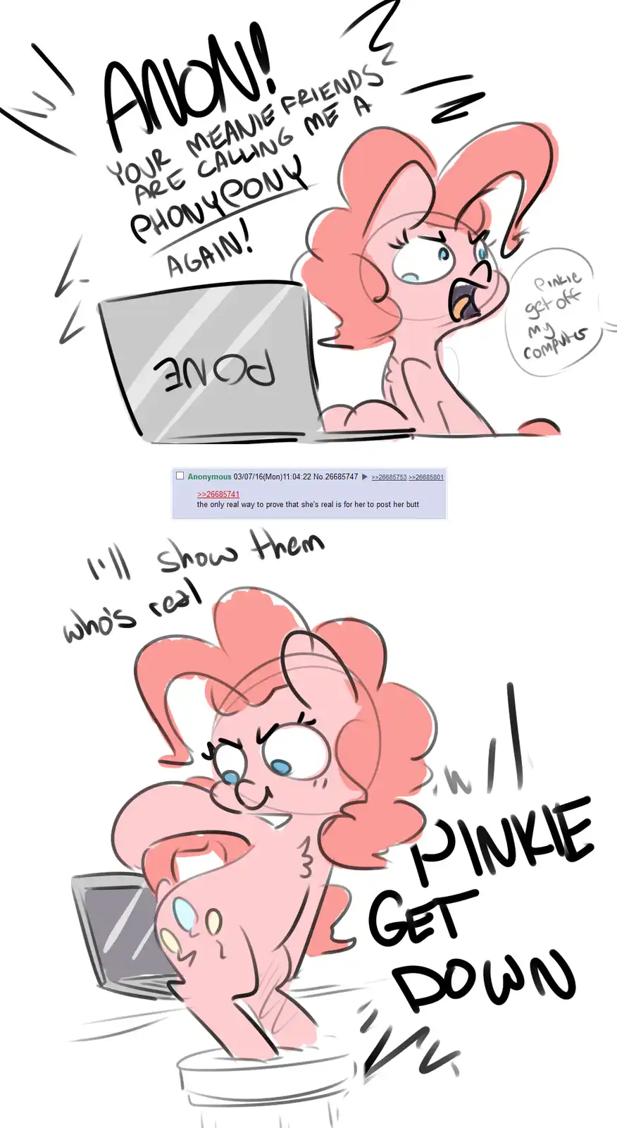 A two-panel cartoon depicts Pinkie Pie, a pink pony, reacting to an anonymous internet comment. In the first panel, she…