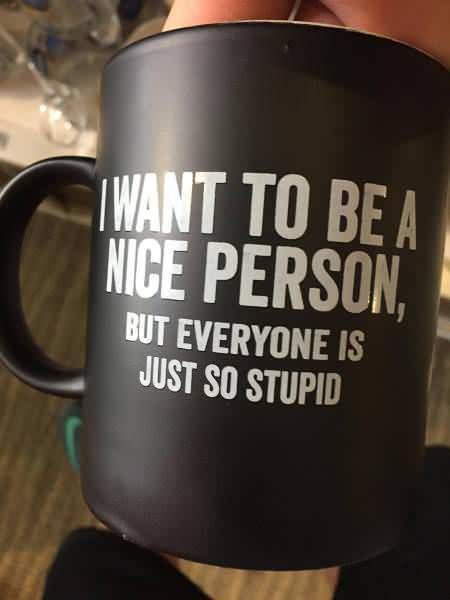 A close-up photo of a black matte mug held in a person's hand, featuring white bold text that reads 'I WANT TO BE A NICE…