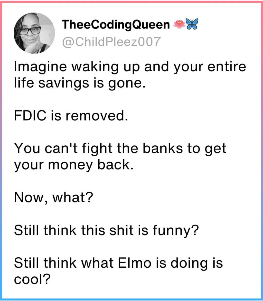 A screenshot of a tweet from 'TheeCodingQueen' with a black-and-white profile picture of a woman with glasses. The tweet…