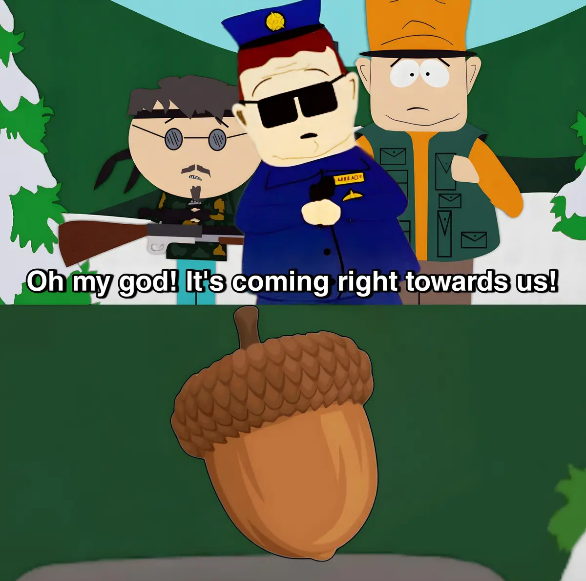 The top panel shows three South Park characters in a snowy forest: a man in a blue police uniform with sunglasses, a man in…