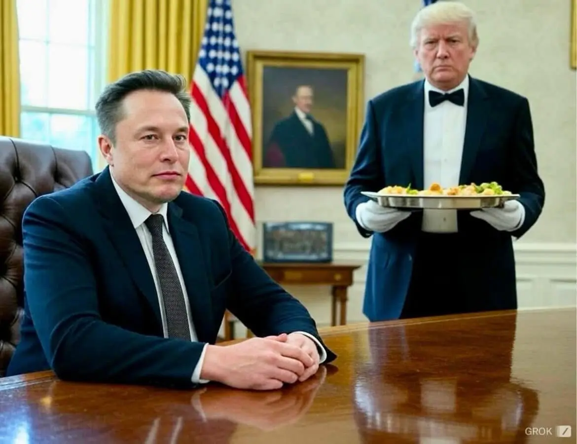 elon musk está sentado en una oficina formal, posiblemente la oficina oval, con una bandera estadounidense y un retrato en…