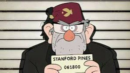 A cartoon man with a gray beard, glasses, and a red beret with a yellow hammer and sickle emblem stands in front of a police…