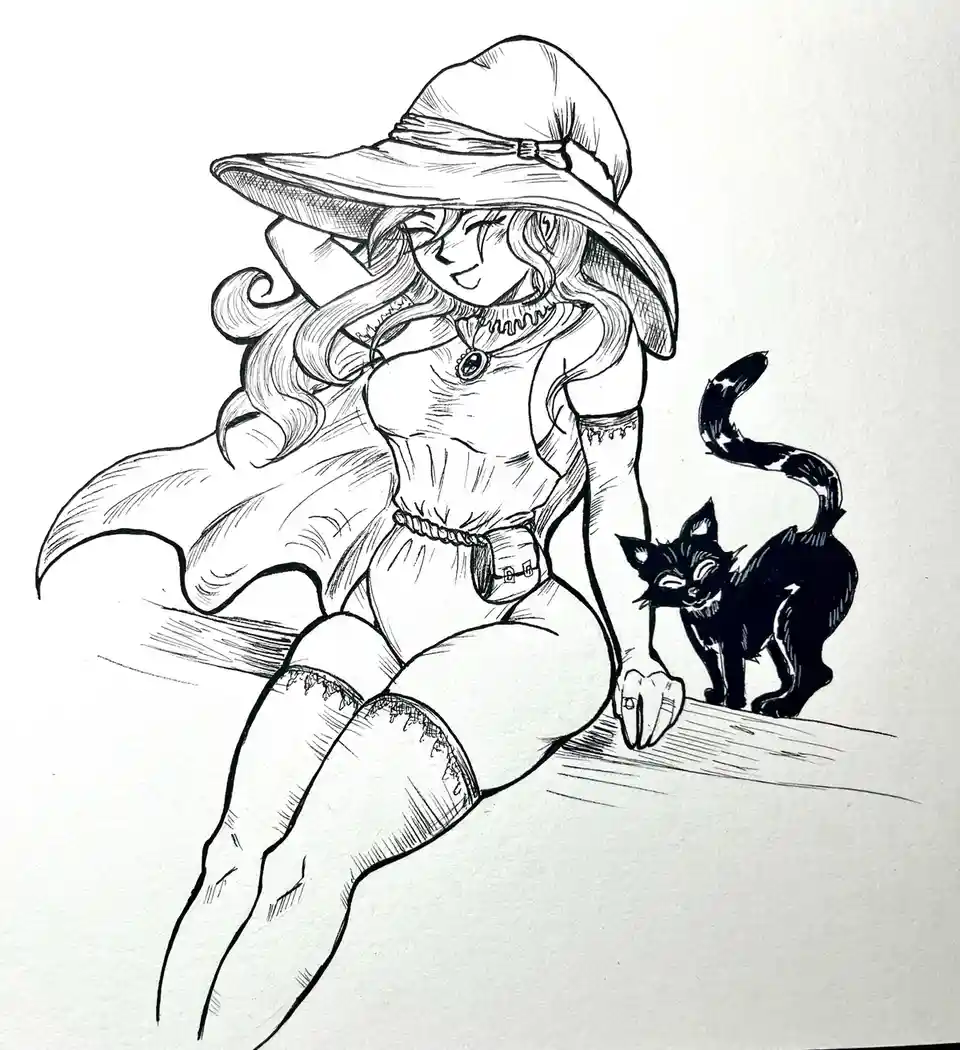 A black-and-white line drawing shows a woman in a wide-brimmed hat and a cape, sitting with a relaxed, confident pose…