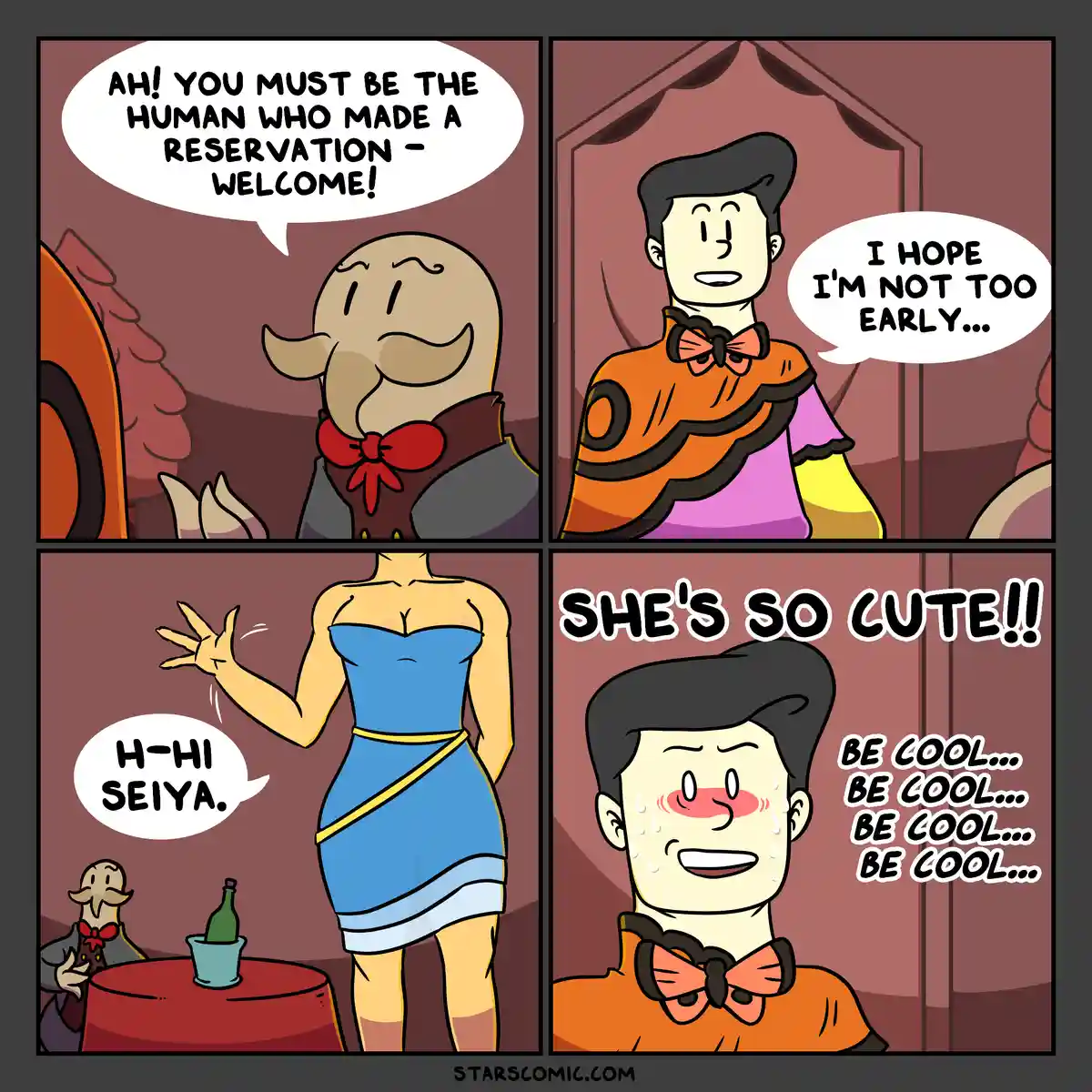A four-panel comic shows a man in an orange cape nervously entering a restaurant, greeted by a host, then meeting a woman in…