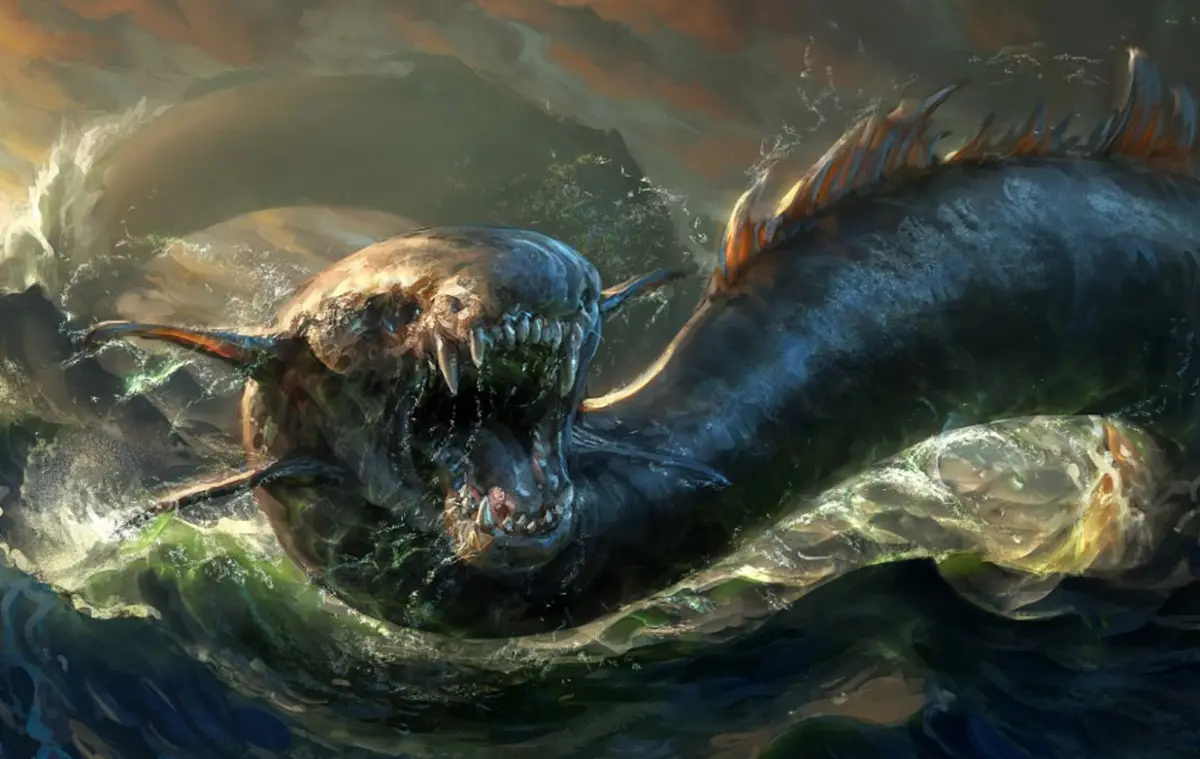 A dramatic fantasy painting shows a massive, monstrous fish with sharp teeth and spiky fins breaking through turbulent…