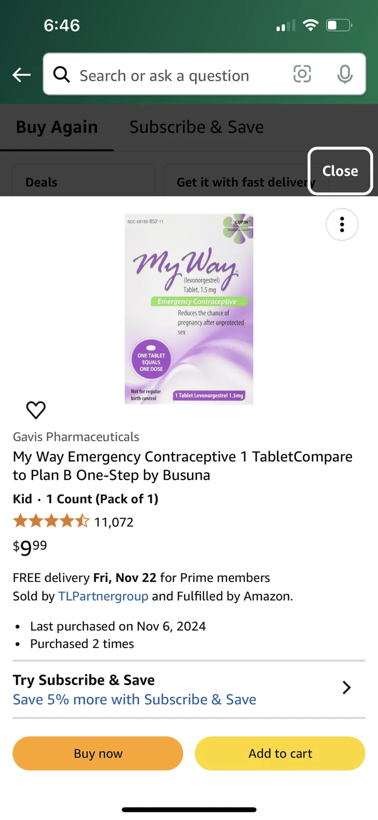 An Amazon product page for 'My Way Emergency Contraceptive' by Gavis Pharmaceuticals, showing a $9.99 price, 4.5-star…