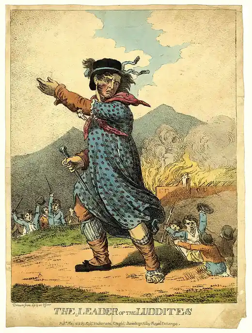 An 1812 historical print depicts a large, imposing figure in a blue spotted coat and hat, holding a sword and gesturing…