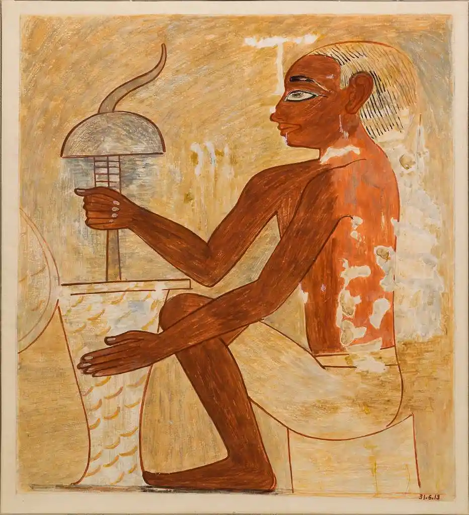 An ancient Egyptian-style painting depicts a seated figure with dark skin and traditional headdress, holding a…